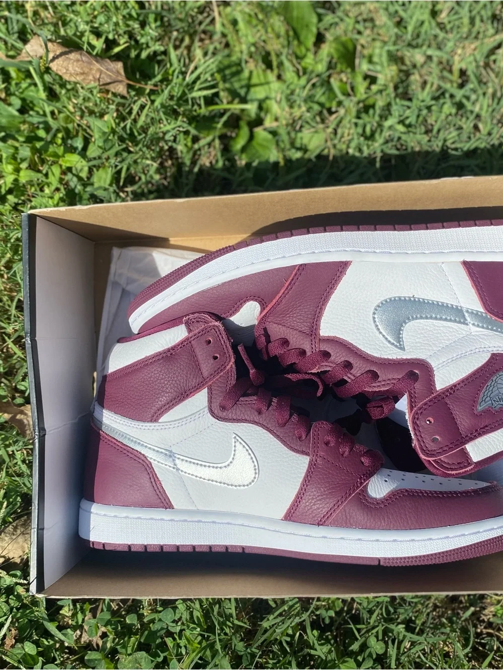 Jordan High-Top Sneakers in White, Burgundy & Silver